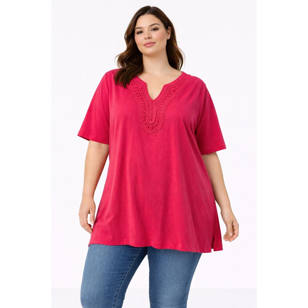 Catherines Womens 1X Hot Pink Short Sleeve Tunic Top Crochet Neck